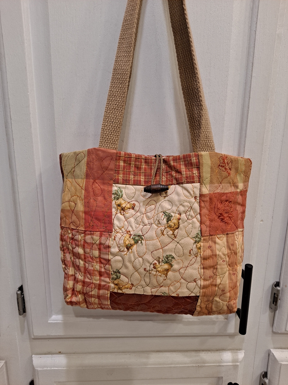 Artisan Crafted Quilted Patchwork Chicken Graphic Tote Cotton Pink Cream Tan Bag